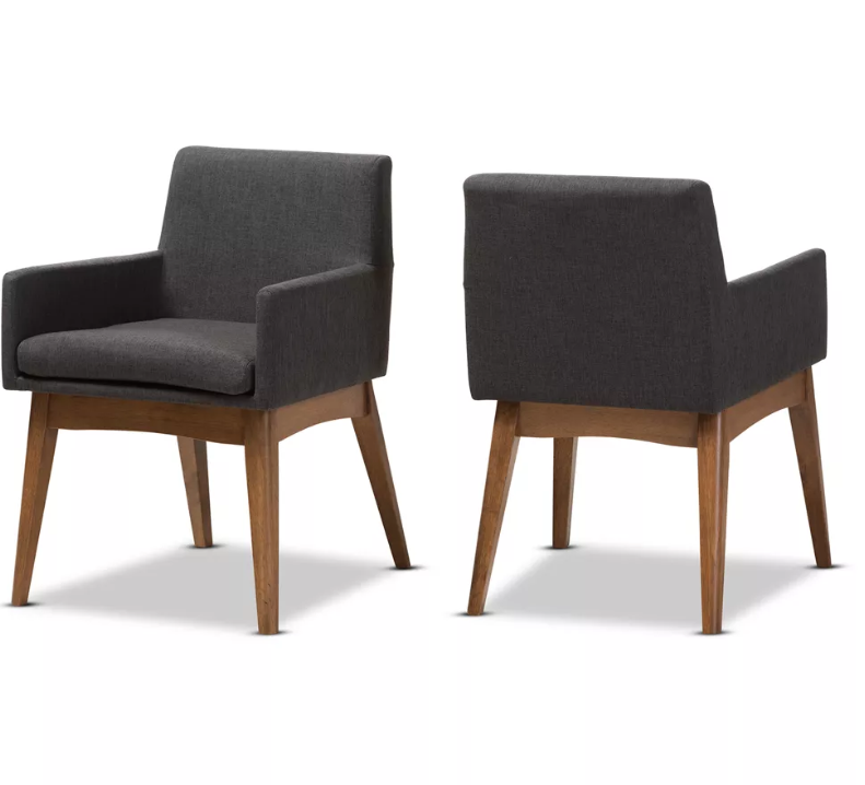 Set of 2 Nexus Mid Century Modern Walnut Wood Fabric Upholstered Dining Armchair Dark Gray by Baxton Studio