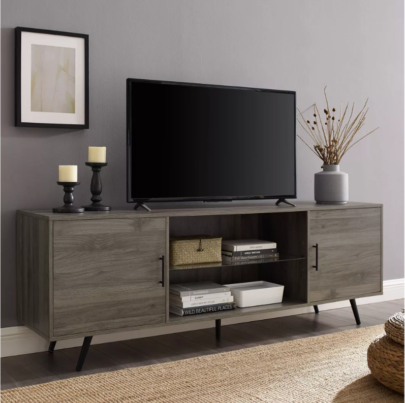 2 Door Mid-Century Modern Wood Storage TV Stand for TVs up to 80" Slate Gray - Saracina Home