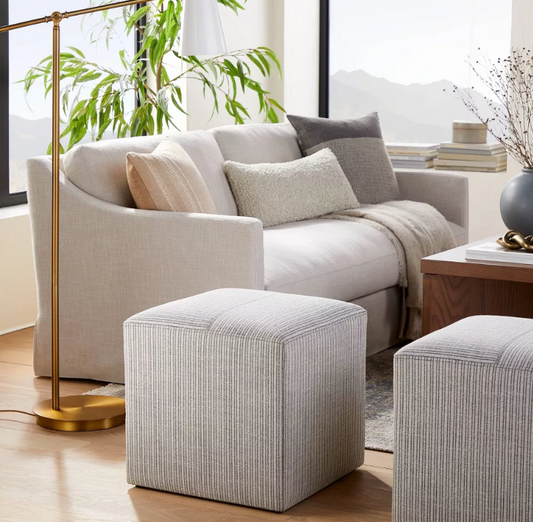 Lynwood Square Upholstered Cube Tan/Navy Stripe - Threshold designed with Studio McGee